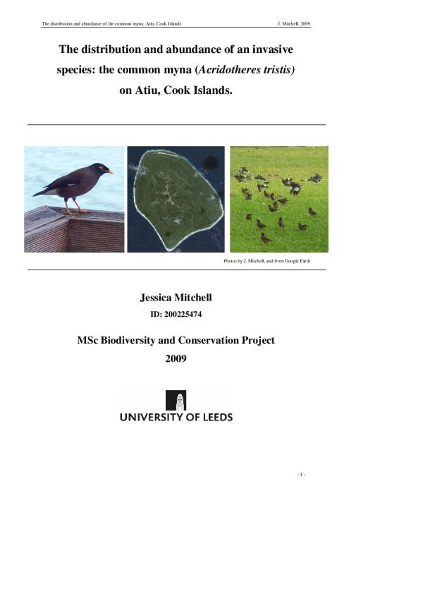 The distribution and abundance of an invasive species: the common myna (Acridotheres tristis) on Atiu, Cook Islands The distribution and abundance of an invasive species: the common myna (Acridotheres tristis) on Atiu, Cook Islands